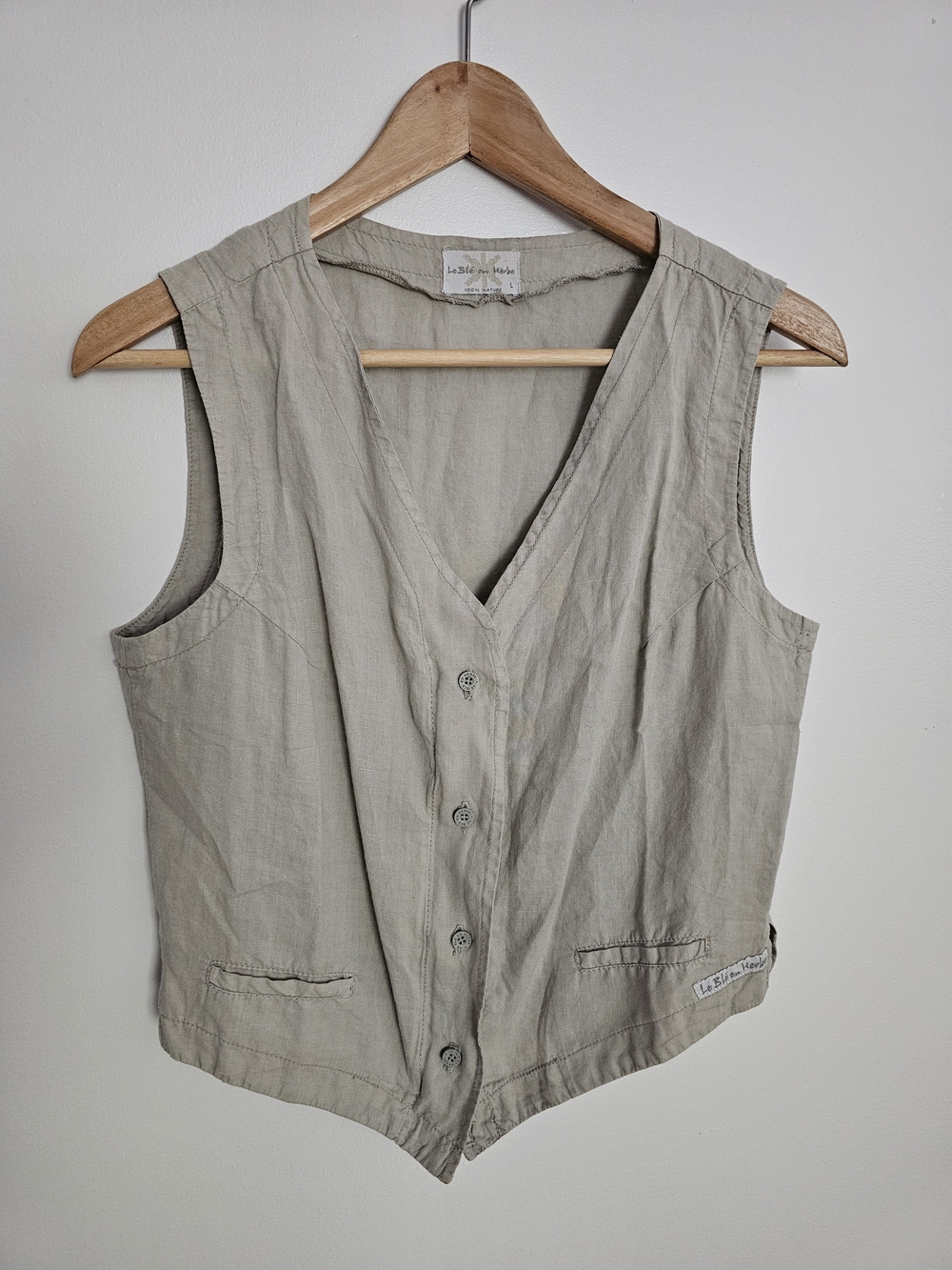Le Blé En Herbe Light Beige Linen V-Neck Button Vest Size L Ecru